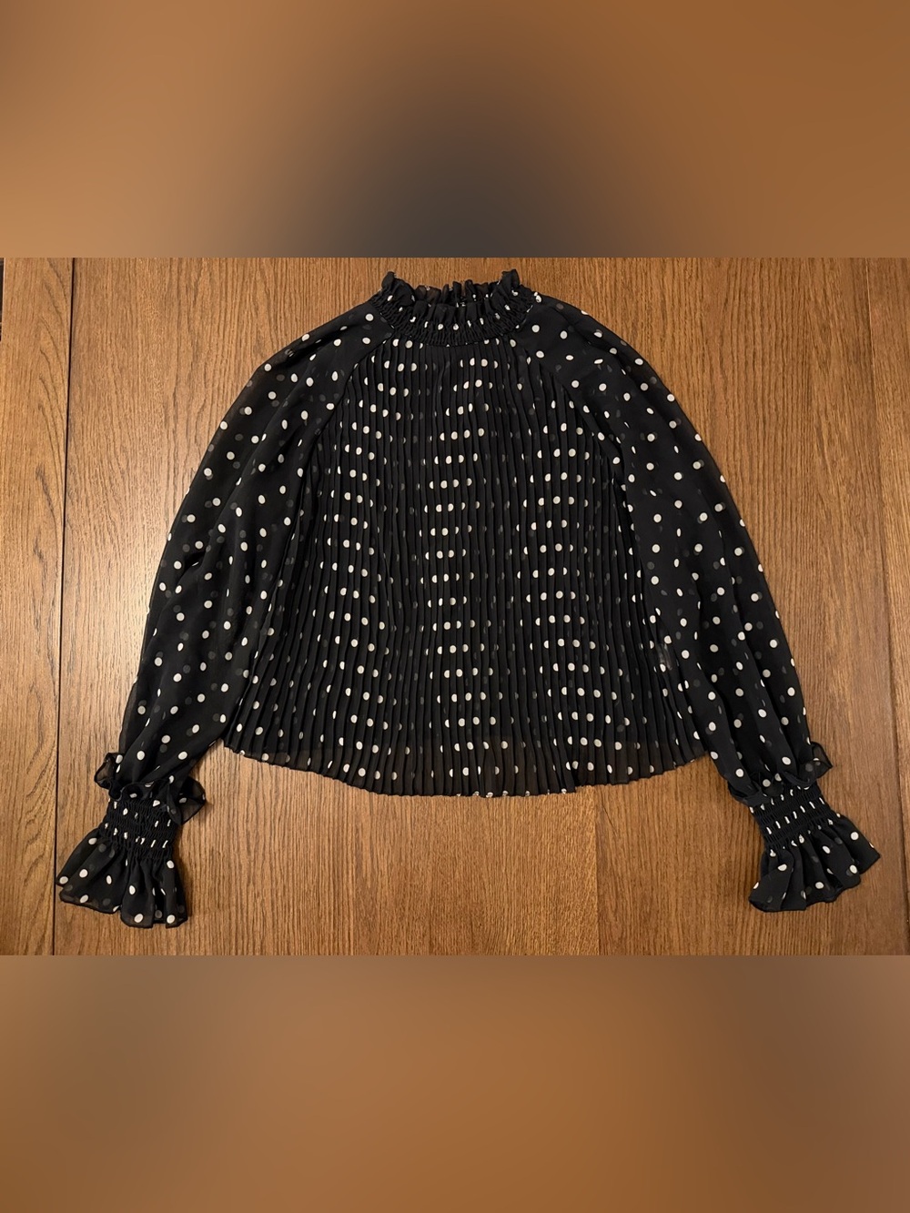 Zara Long Sleeve Black and White Polka Dot Pleated Sheer Blouse